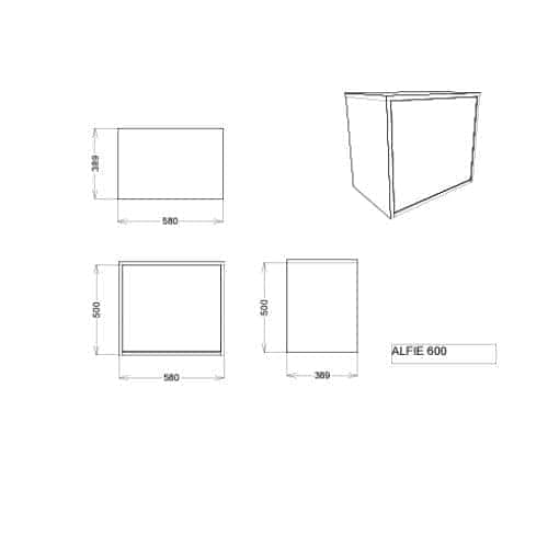 Alfie 600 bathroom cabinet front view with dimensions, sleek modern design for contemporary bathrooms, high-quality storage solution from Bubly Bathrooms.