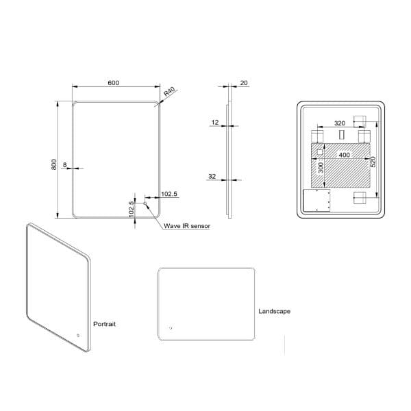 Wave IR sensor technical drawing for bathroom automation, showcasing precise dimensions and design features for Bubly Bathrooms' innovative smart bathroom solutions.