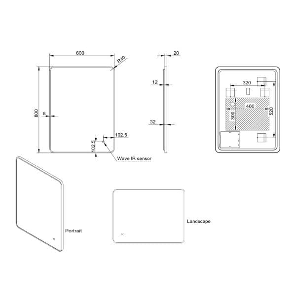 Wave IR sensor technical drawing for Bubly Bathrooms shower control panel, showcasing dimensions and installation details for modern bathroom design.