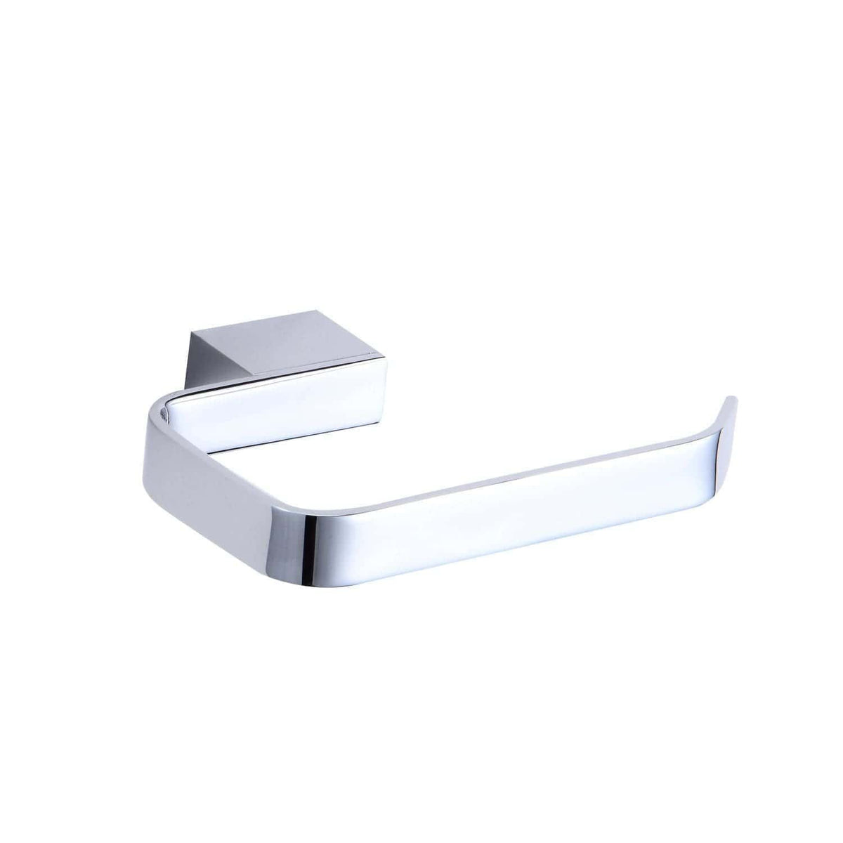 Sleek chrome toilet paper holder with modern minimalistic design, perfect for contemporary bathrooms. Durable and easy to install, offering a stylish storage solution for toilet accessories.
