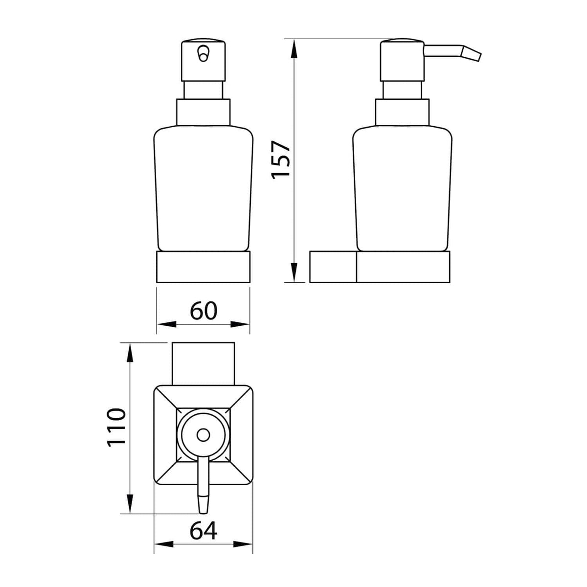 Elegant bathroom sink and soap dispenser set with sleek design, perfect for modern bathrooms, with detailed dimensions for installation.