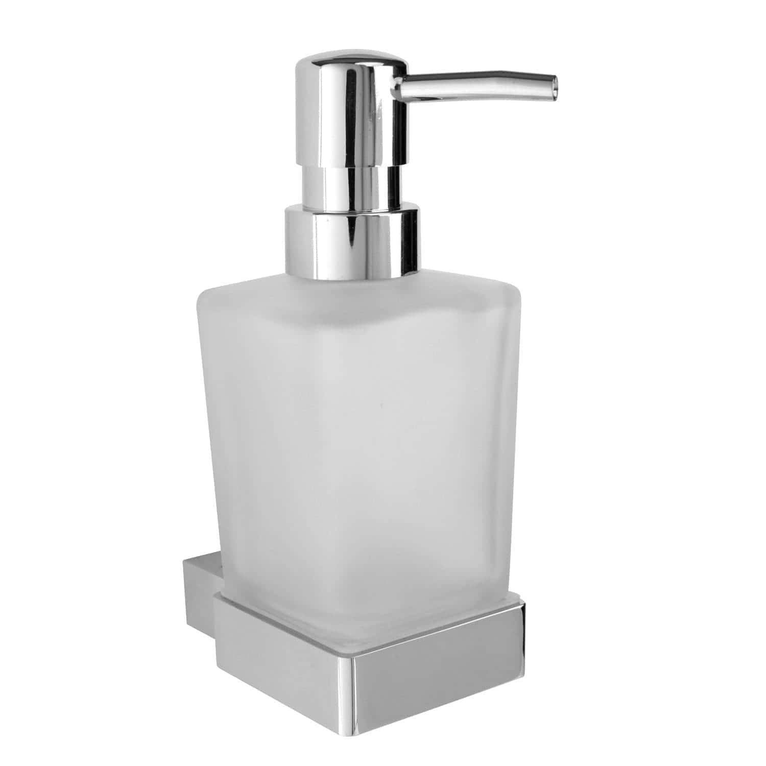 Elegant chrome and frosted glass bathroom soap dispenser, modern design by Bubly Bathrooms for stylish bathroom accessories and toiletries organisation.