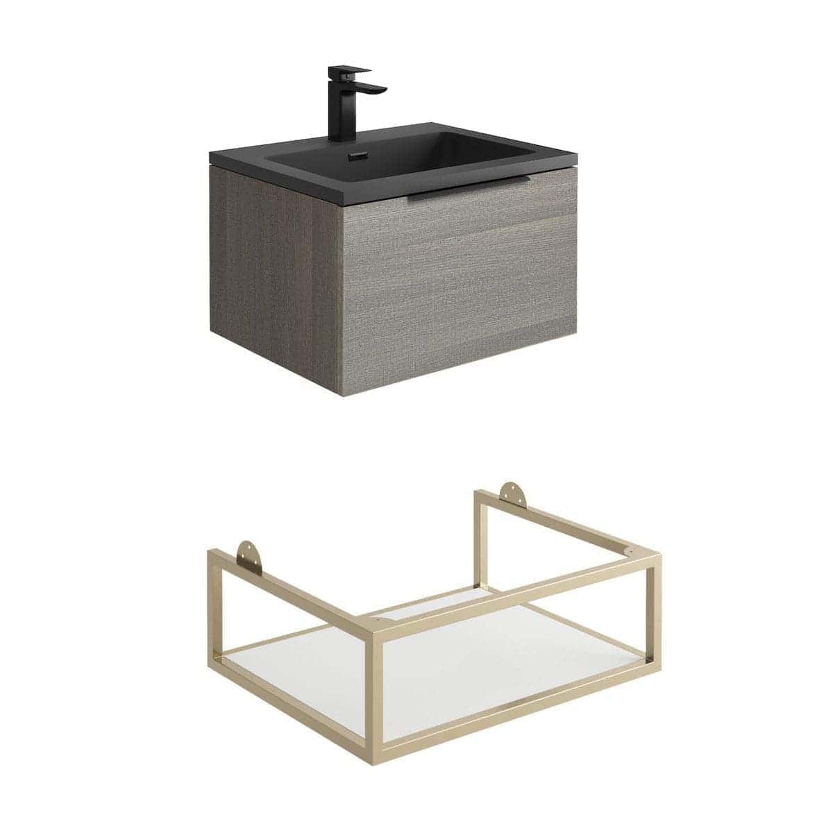Sleek modern bathroom vanity with integrated black sink and matte black faucet, perfect for contemporary bathroom designs.