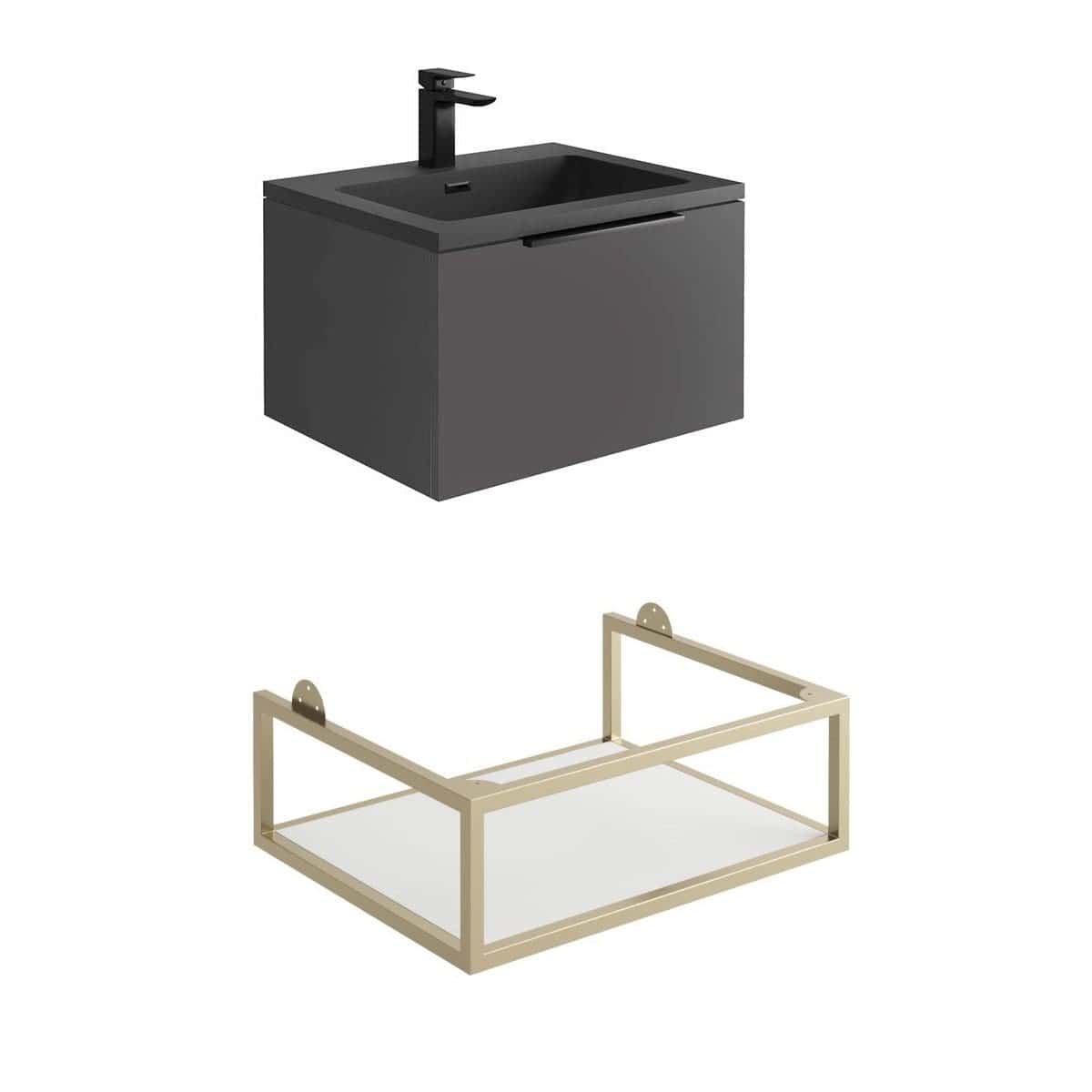 Minimalist bathroom vanity unit with black finish and integrated sink, sleek modern design for contemporary bathrooms. Includes a matching minimalistic bathroom frame for storage or fixture installation.