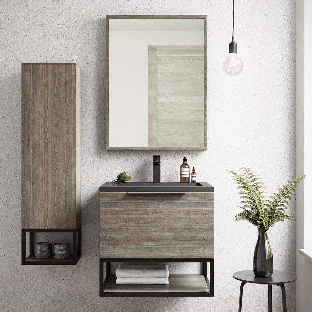 Minimalist bathroom vanity unit with a black basin, wall-mounted mirror, wooden cabinet, and decorative plants, perfect for modern bathroom interiors.