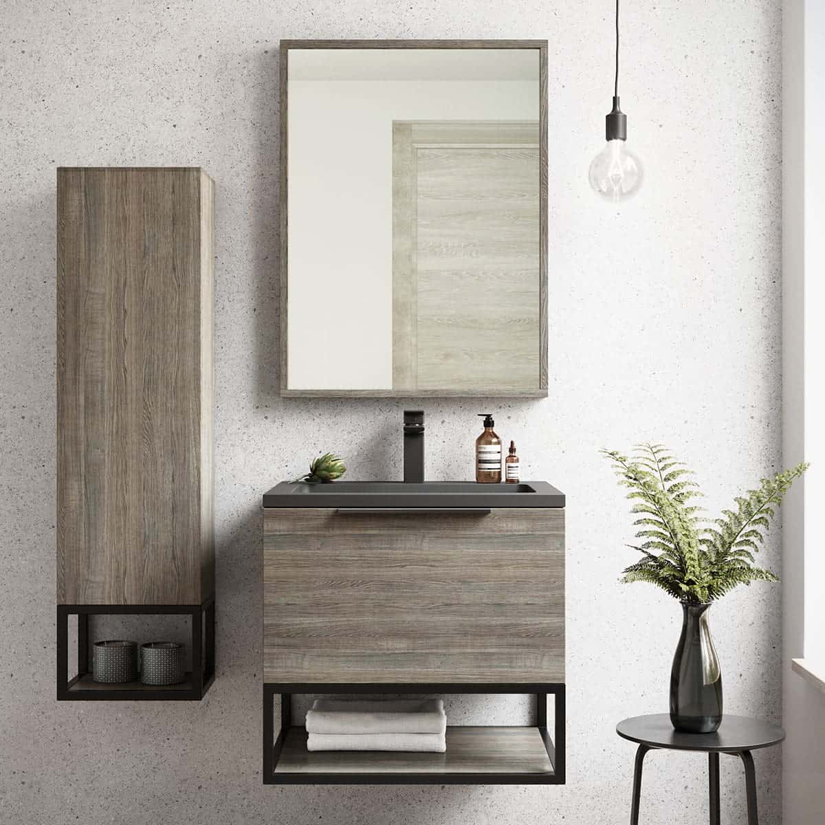 Minimalist bathroom vanity unit with a black basin, wall-mounted mirror, wooden cabinet, and decorative plants, perfect for modern bathroom interiors.
