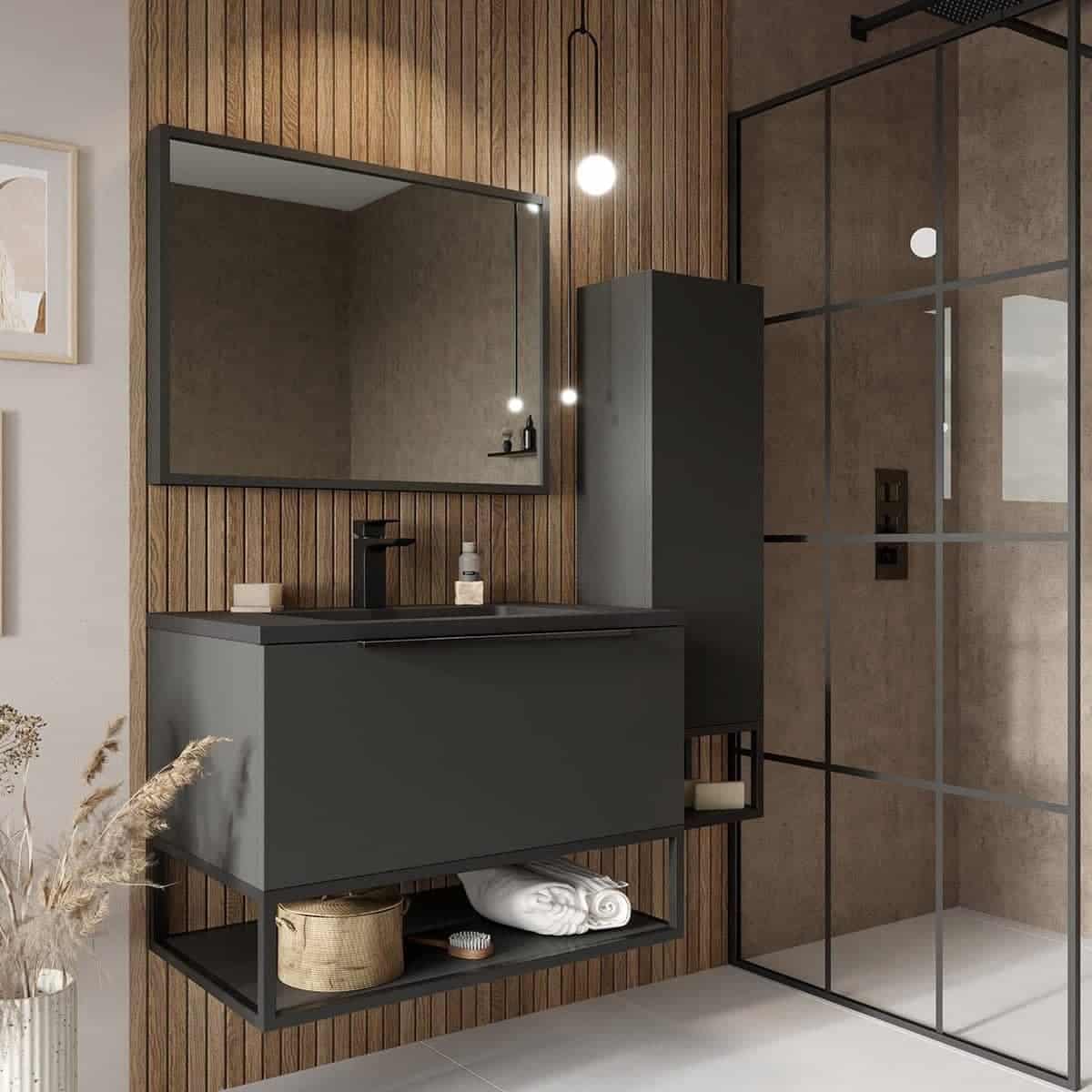 Modern grey bathroom vanity unit with black countertop and wall-mounted mirror, featuring minimalist design, wooden wall panel, and glass shower enclosure in contemporary bathroom setting.