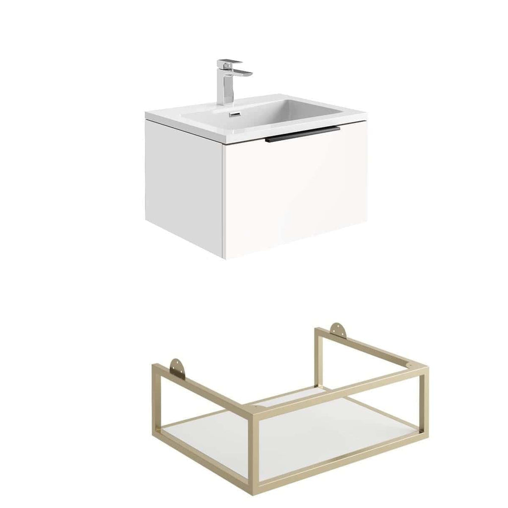Modern white bathroom vanity with integrated sink and sleek chrome tap for stylish bathroom storage solutions.