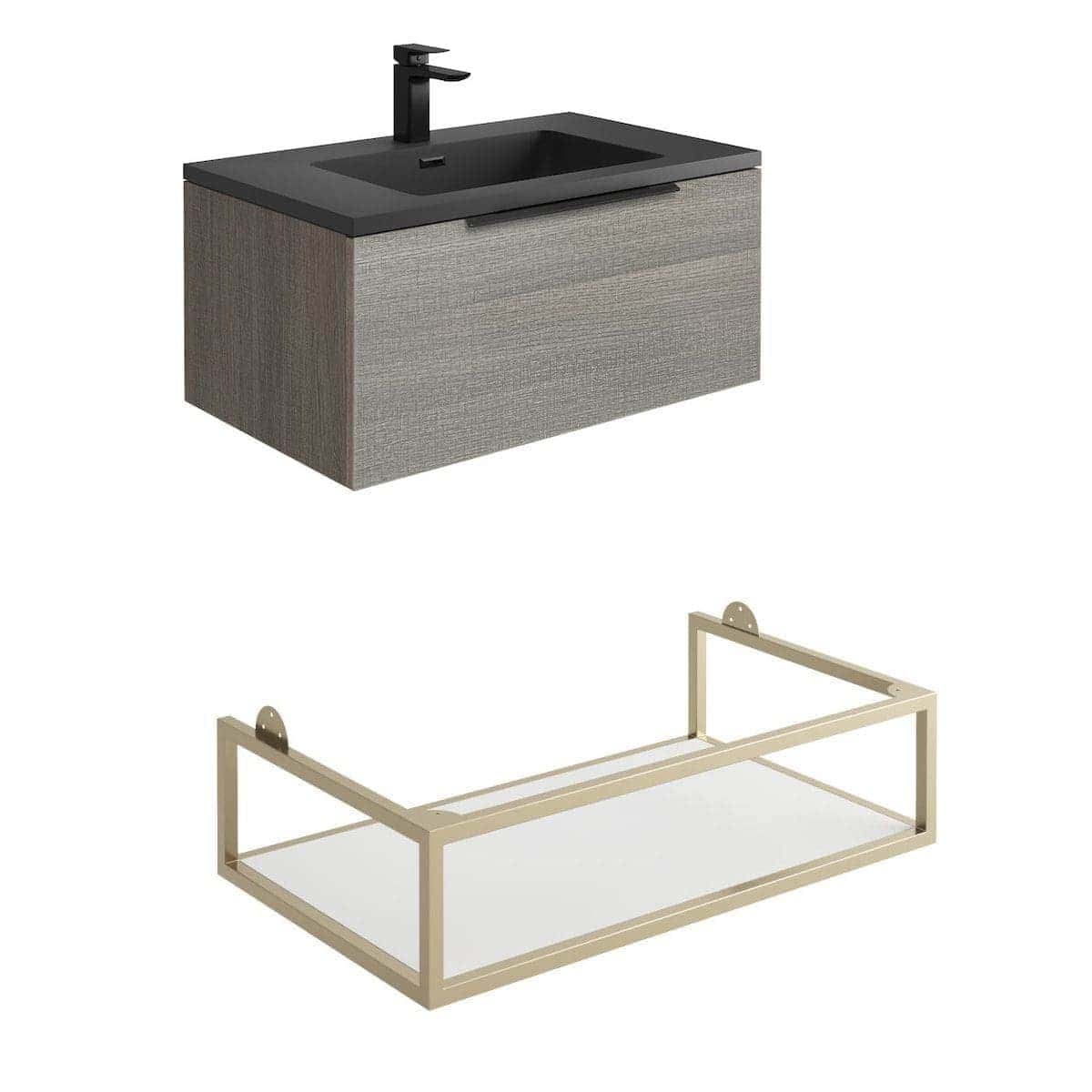 Modern bathroom vanity unit with integrated black sink and contemporary tap, combined with a minimalist beige wall mount towel rail, perfect for stylish bathroom upgrades.