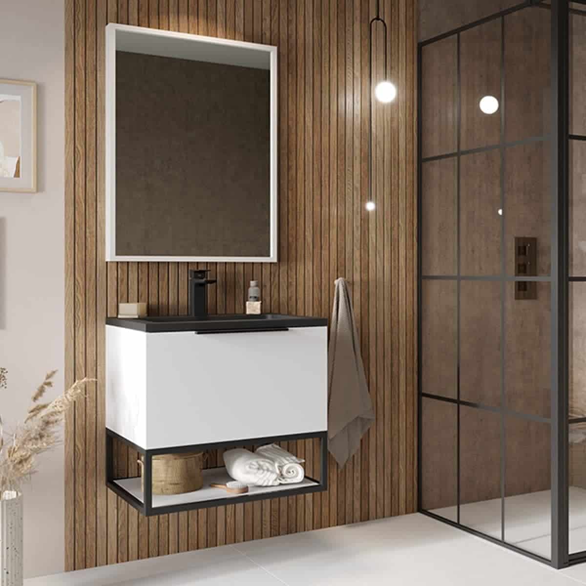 Sleek modern bathroom vanity with black countertop and white cabinet, wooden wall paneling, towel rack, round mirror, and glass shower enclosure, contemporary bathroom design.