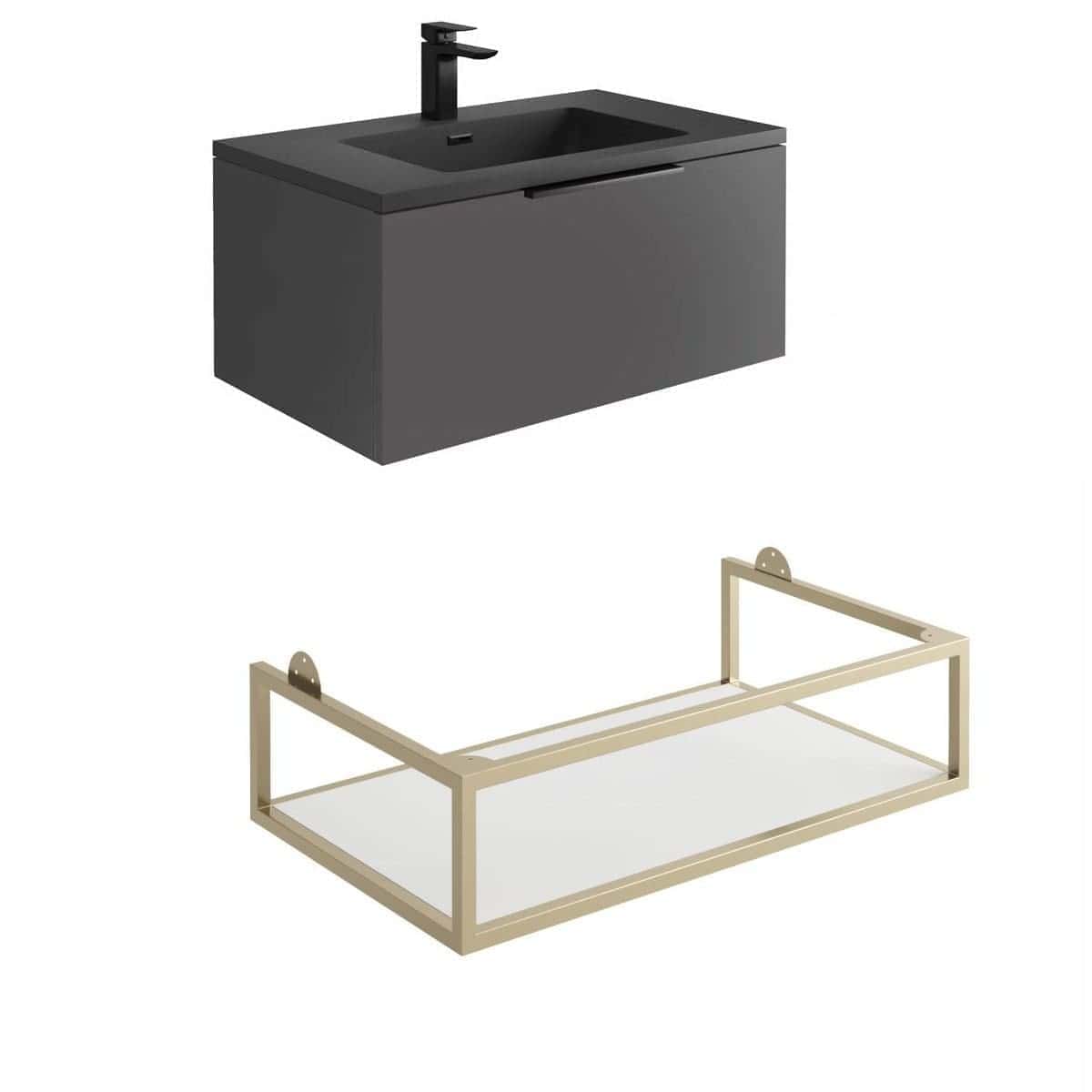 Modern black bathroom vanity with integrated sink and sleek black tap, complemented by a beige wall-mounted display shelf for bathroom accessories and organisation.