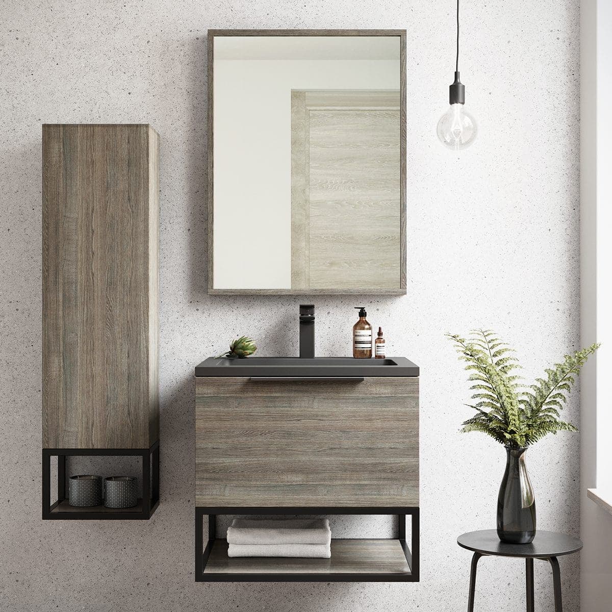 Sleek modern bathroom vanity with a wood finish, black accents, and minimalist design, complemented by a wall-mounted mirror and stylish decor, creating a contemporary and functional bathroom space.