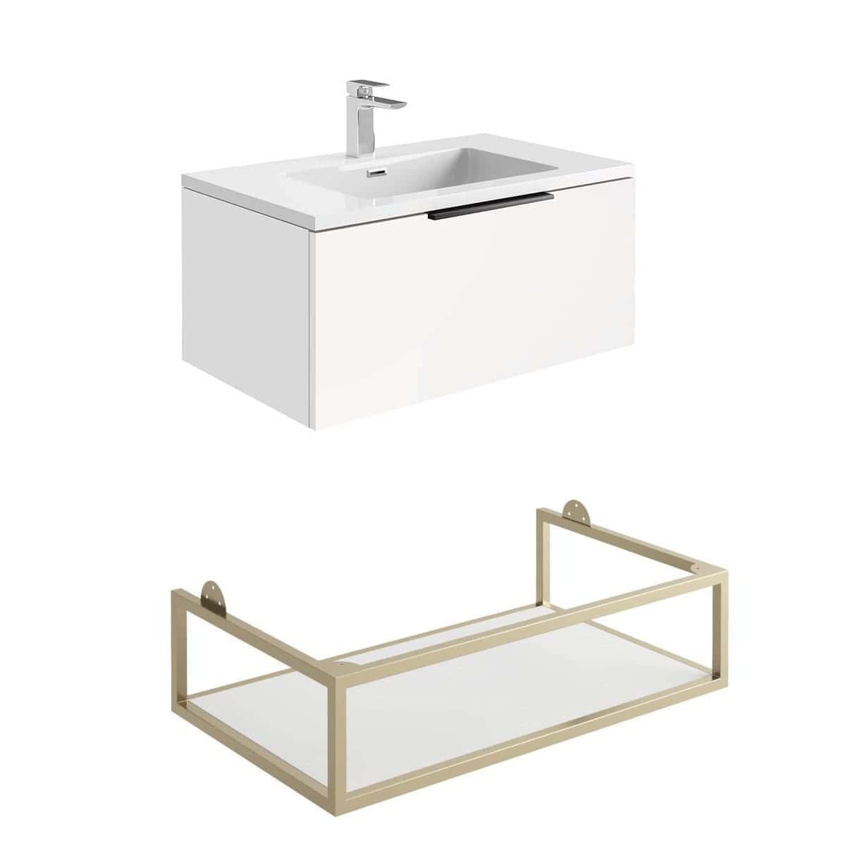 Minimalist white bathroom vanity with integrated sink and chrome faucet, paired with a beige wall-mounted cabinet frame for modern bathroom storage solutions.