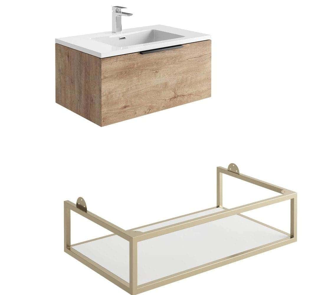 Modern bathroom vanity with wooden finish and integrated sink, featuring sleek, minimalist design.
