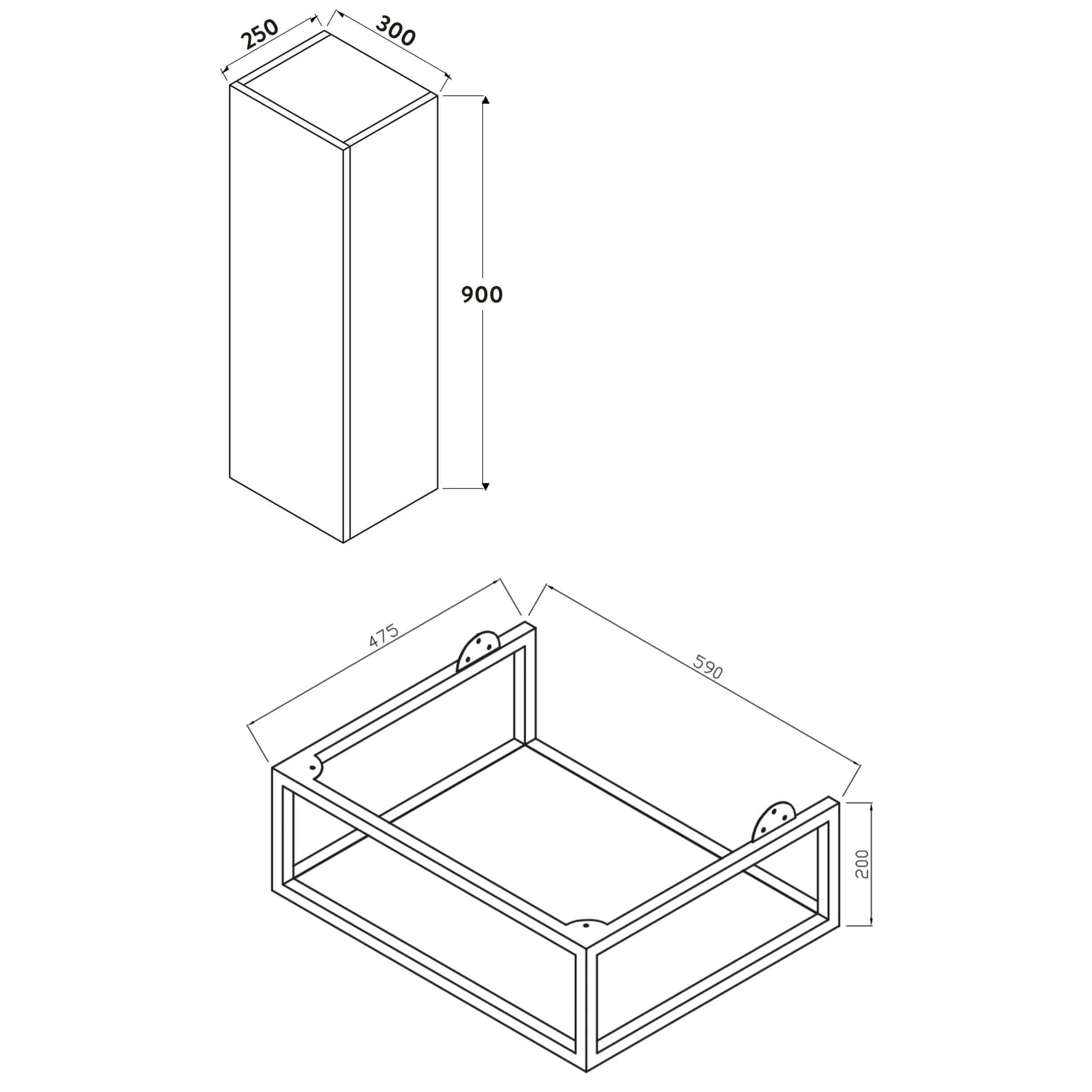 Sleek modern bathroom cabinet with precise measurements and minimalist design, ideal for contemporary bathroom storage solutions.