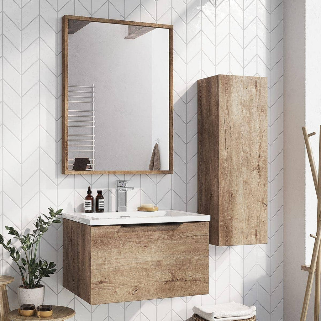 Minimalist wooden bathroom vanity set with white countertop, large wall mirror, and matching wooden storage cabinet in a modern bathroom.