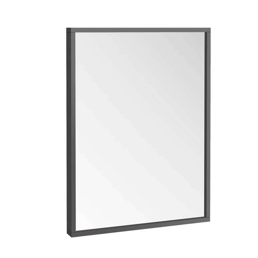 Clear bathroom mirror with grey frame, modern design suitable for contemporary bathroom decor. Perfect for a stylish and functional bathroom upgrade.
