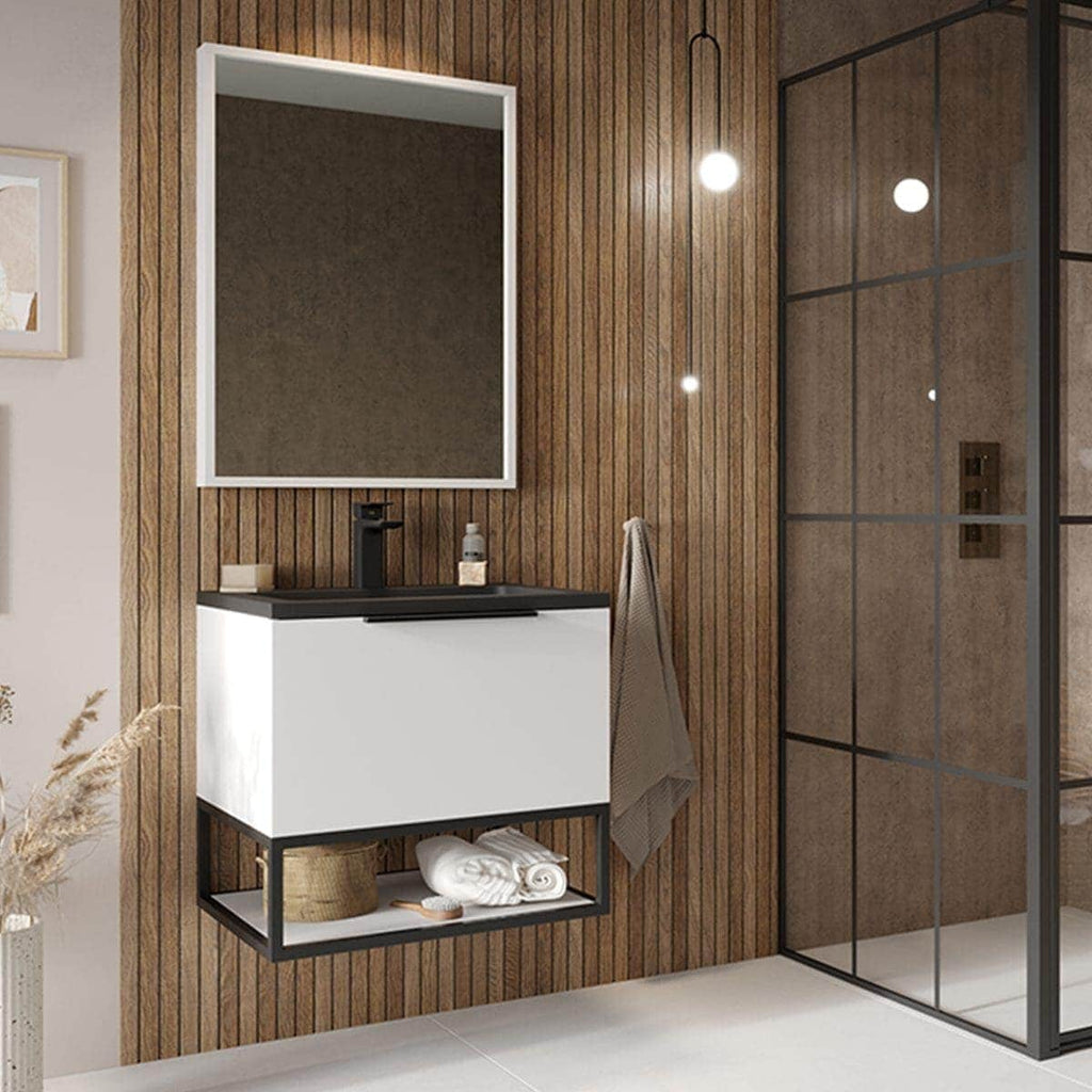 Sleek modern bathroom vanity with a black countertop, white cabinet, and open shelf below, against a wooden slat wall with a large mirror, perfect for contemporary bathroom design.