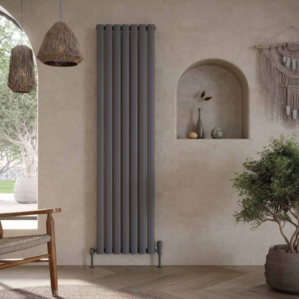Radiator, modern bathroom radiator, vertical wall-mounted heater, grey heated towel rail, stylish home heating, contemporary bathroom decor, eco-friendly heating solution, indoor radiator design, elegant interior heating, energy-efficient wall radiator.