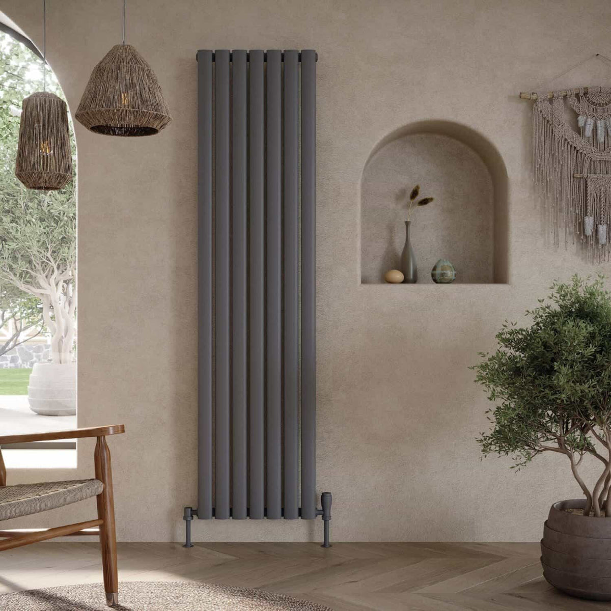 Radiator for bathroom interior decoration, modern grey vertical radiator with sleek design in a stylish bathroom setting.