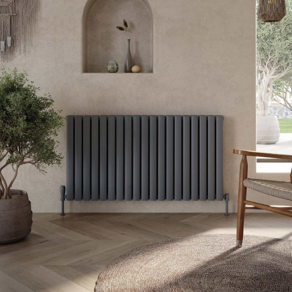 Modern black designer radiator in a stylish bathroom, adding luxury and warmth to contemporary interior, perfect for home heating solutions.