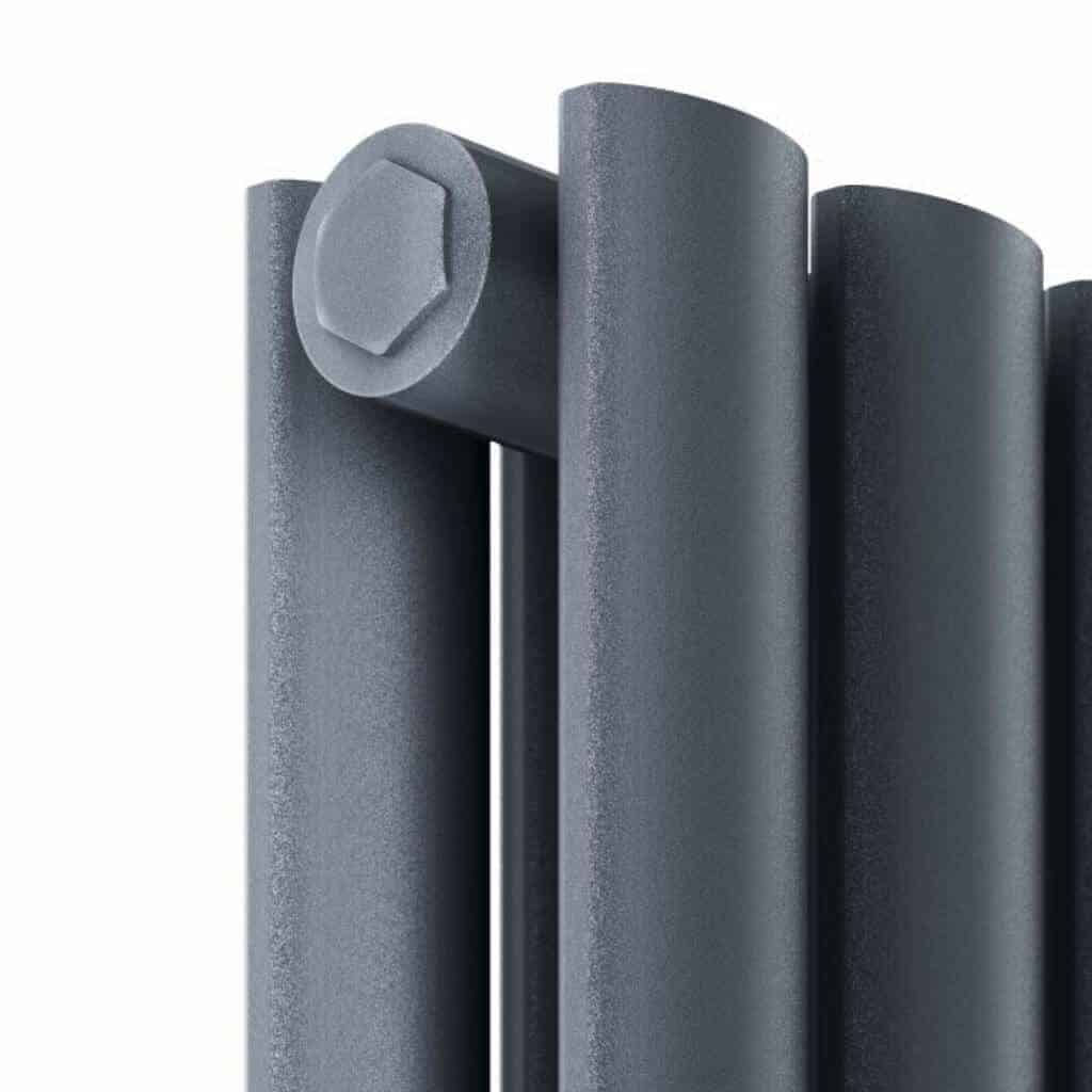 Minimalist black towel radiator with rounded tubes, stylishly designed for modern bathrooms. Perfect for heating and drying towels in contemporary bathroom spaces. Durable and sleek appearance.