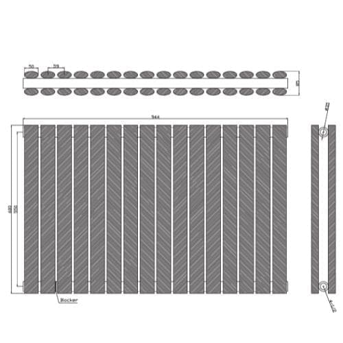 Aluminium radiator front and side view with detailed dimensions for bathroom heating, featuring a modern design suitable for contemporary bathroom renovations.