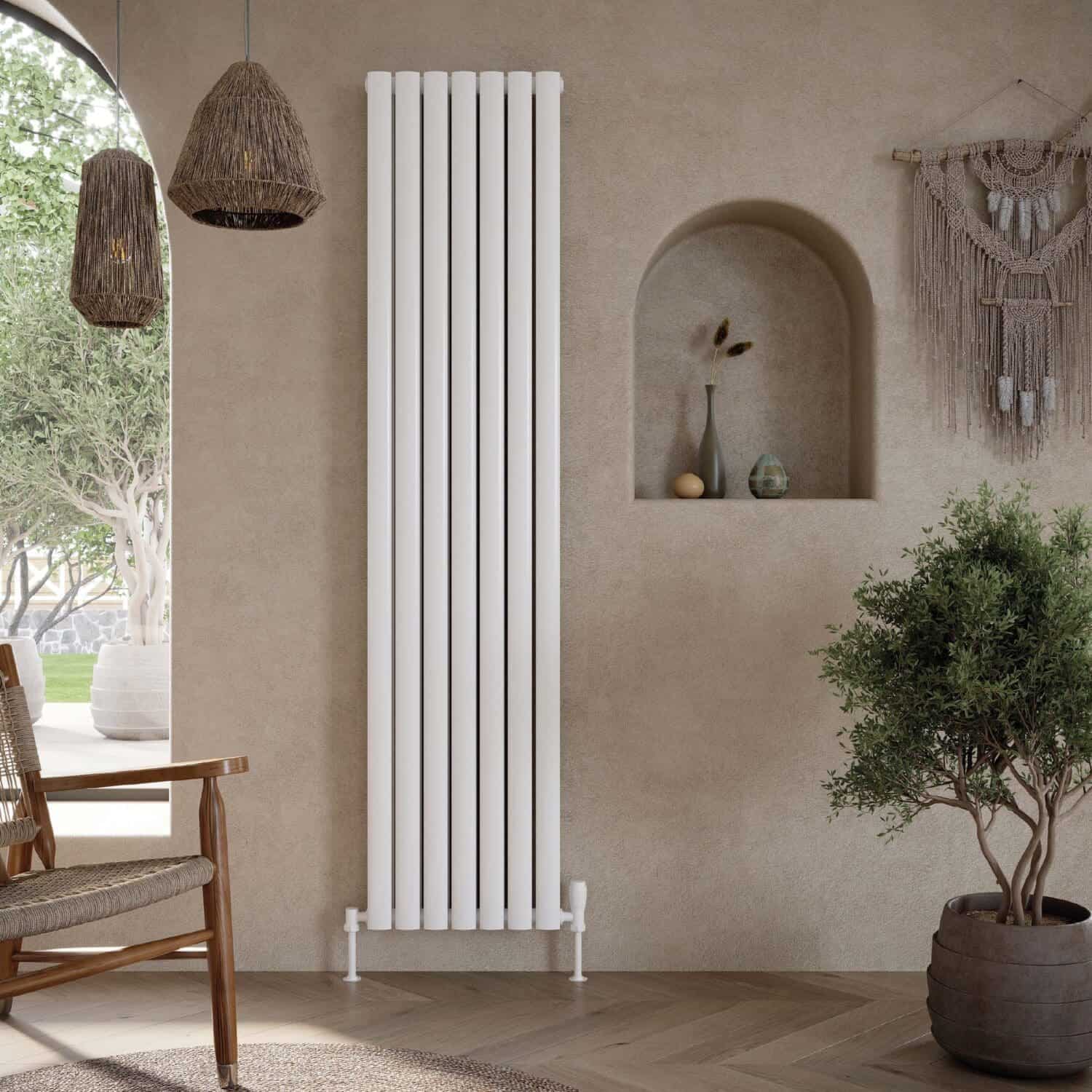 White modern vertical radiator in a contemporary bathroom setting.