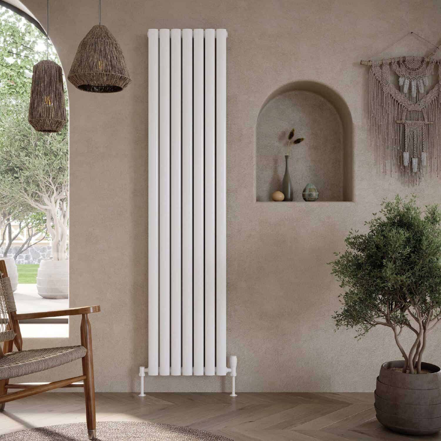 Radiator, modern white vertical bathroom radiator, warm design, on beige wall, stylish heating solution, Bubly Bathrooms, contemporary home decor, eco-friendly heating fixtures, sleek radiator design, internal heating system, functional yet decorative radiator, indoor heating, installed on wall in living space, interior heating accessories, aesthetic radiator options.