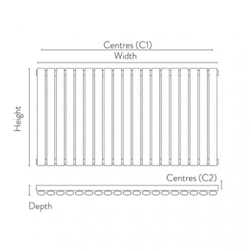 Precision radiator design diagram showing height, width, depth, and centre spacing for custom bathroom heating solutions. Ideal for modern bathroom radiators by Bubly Bathrooms.