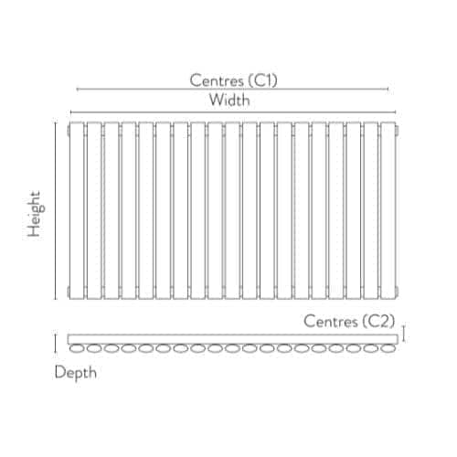 Alt text: Technical drawing of a radiator with dimensions including height, width, and depth for bathroom heating solutions.