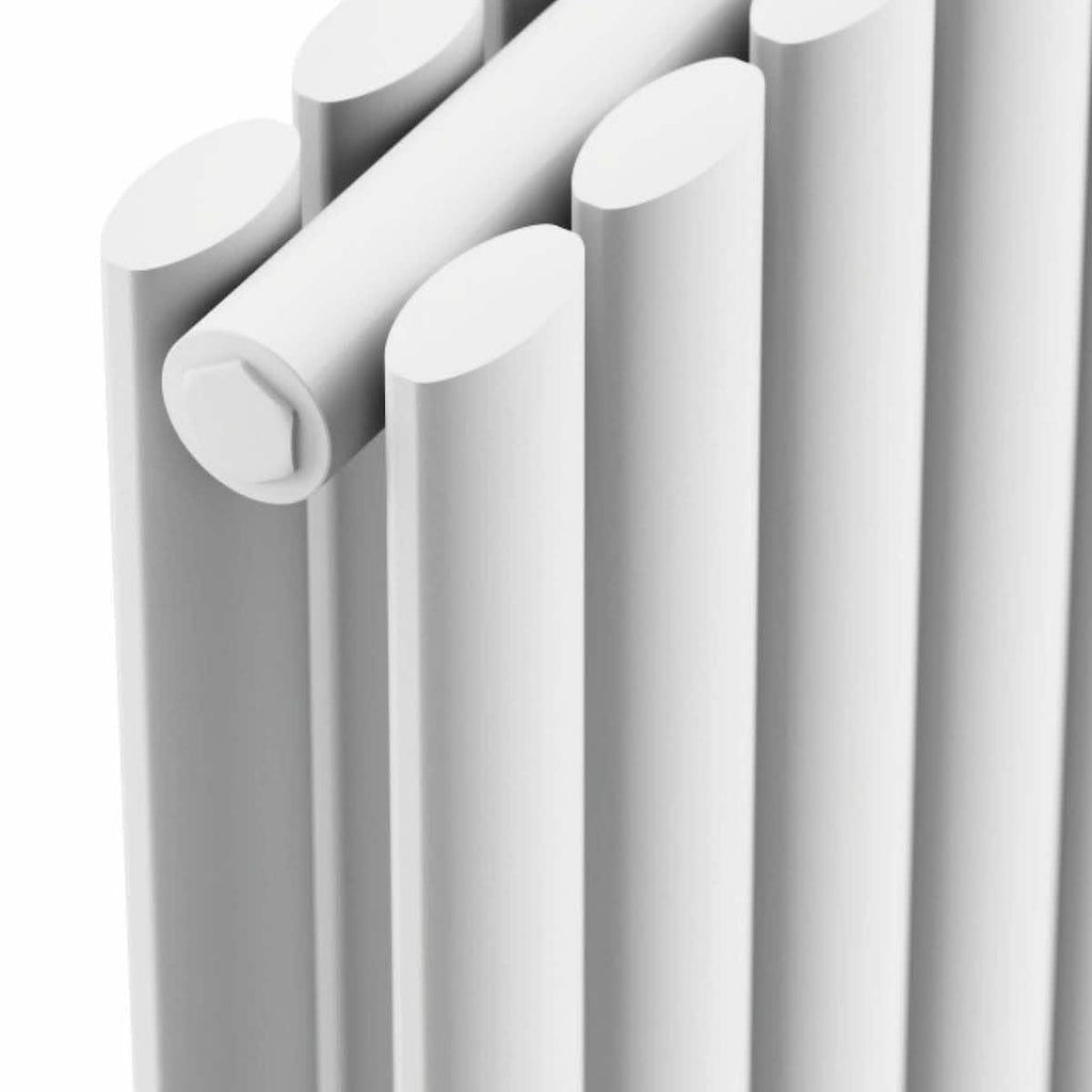 Polished white radiator with horizontal and vertical bars, modern bathroom heating solution.