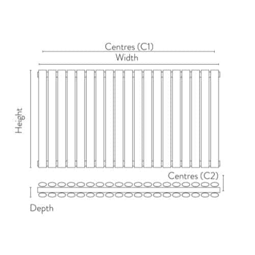 Aluminium radiator front view with detailed measurements for installation, showcasing heating design and spacing for efficient thermal performance.