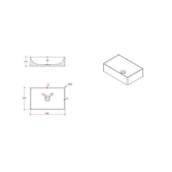 Modern rectangular bathroom vanity sink with precise dimensions and drainage features, ideal for contemporary bathroom designs.