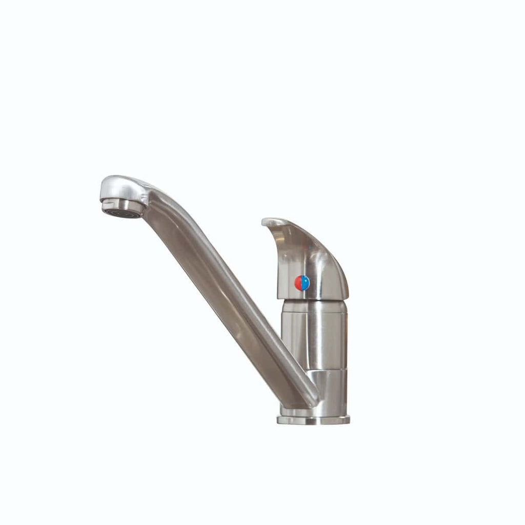 Modern stainless steel kitchen tap with a sleek, ergonomic design and single lever for easy temperature control. Ideal for contemporary bathroom or kitchen fixtures.