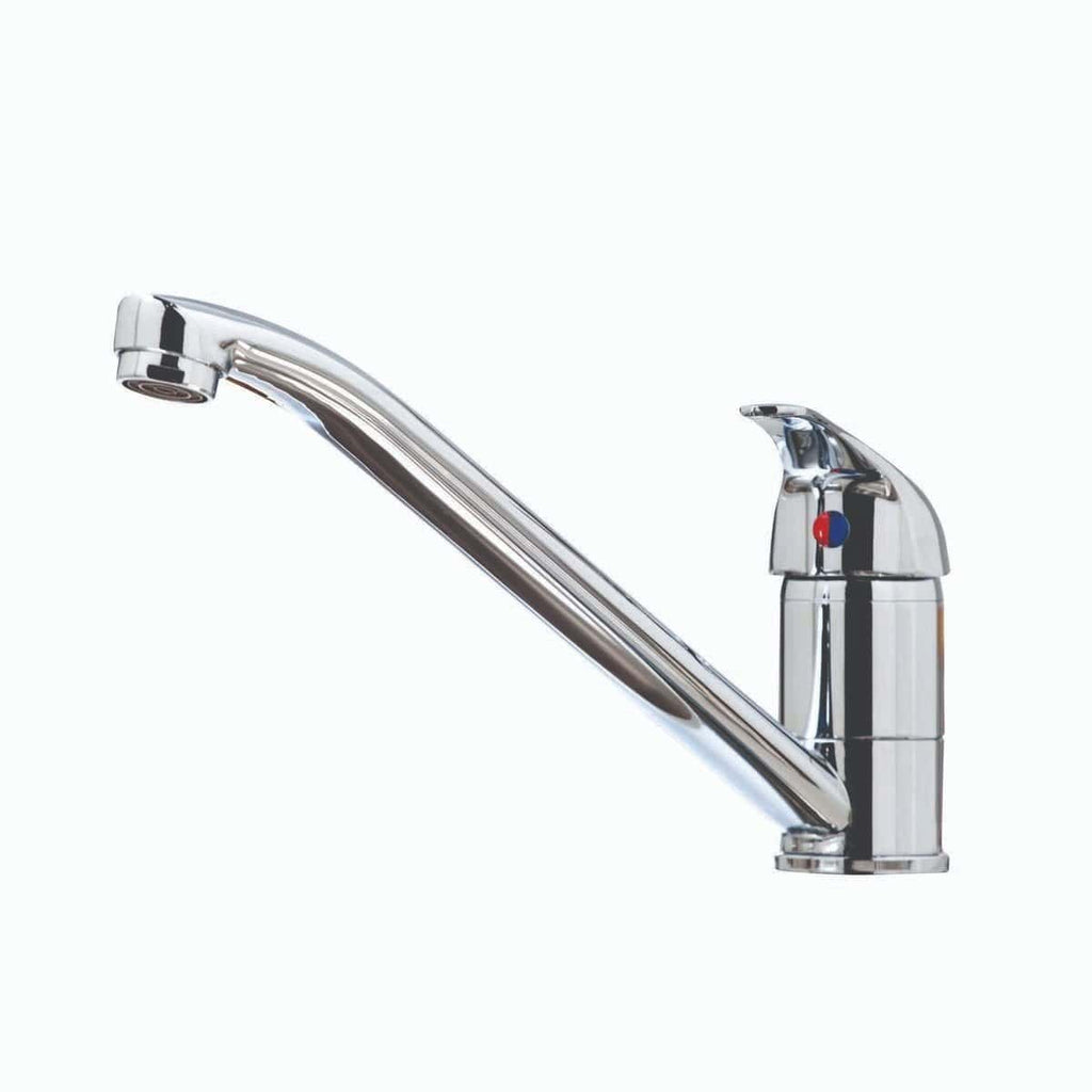 Shiny chrome kitchen tap with a curved spout and single lever handle, suitable for modern kitchens, featuring durable brass construction and easy-turn controls for hot and cold water.