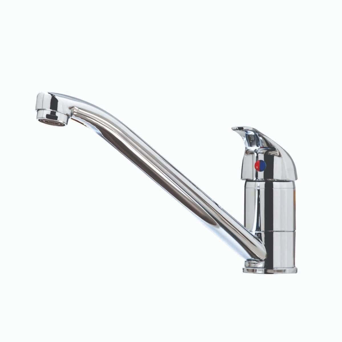 Shiny chrome kitchen tap with a curved spout and single lever handle, suitable for modern kitchens, featuring durable brass construction and easy-turn controls for hot and cold water.
