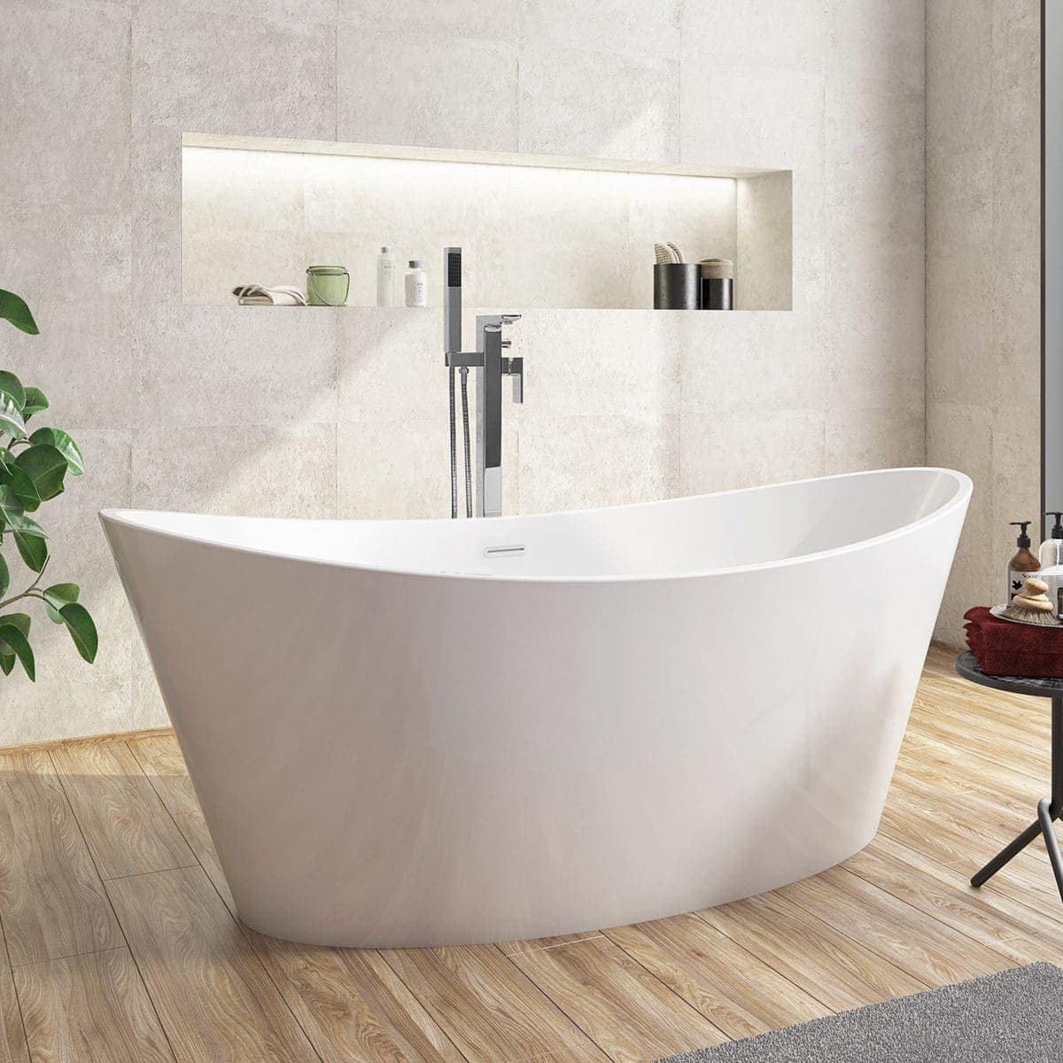 Sleek modern freestanding bathtub in a contemporary bathroom with neutral tones and natural wood flooring, perfect for luxurious bathroom remodels and relaxing baths.