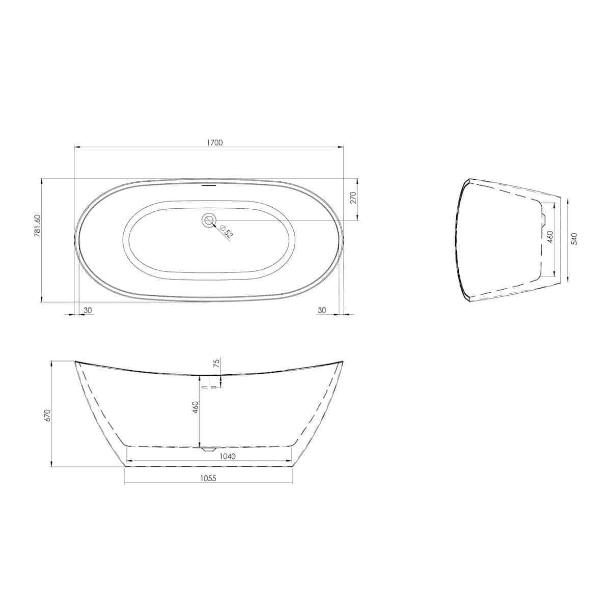 Sleek oval freestanding bathtub with precise dimensions, perfect for modern bathrooms, featuring ergonomic design and high-quality ceramic finish, ideal for relaxing baths.