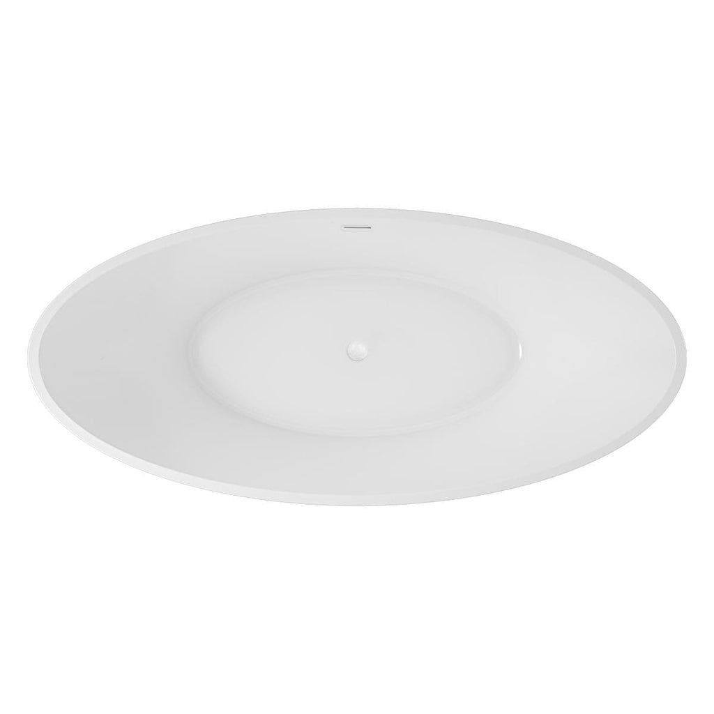 Sleek white oval bathtub from Bubly Bathrooms, designed for modern bathrooms with a minimalist aesthetic, offering comfort and style. Perfect for relaxing baths.