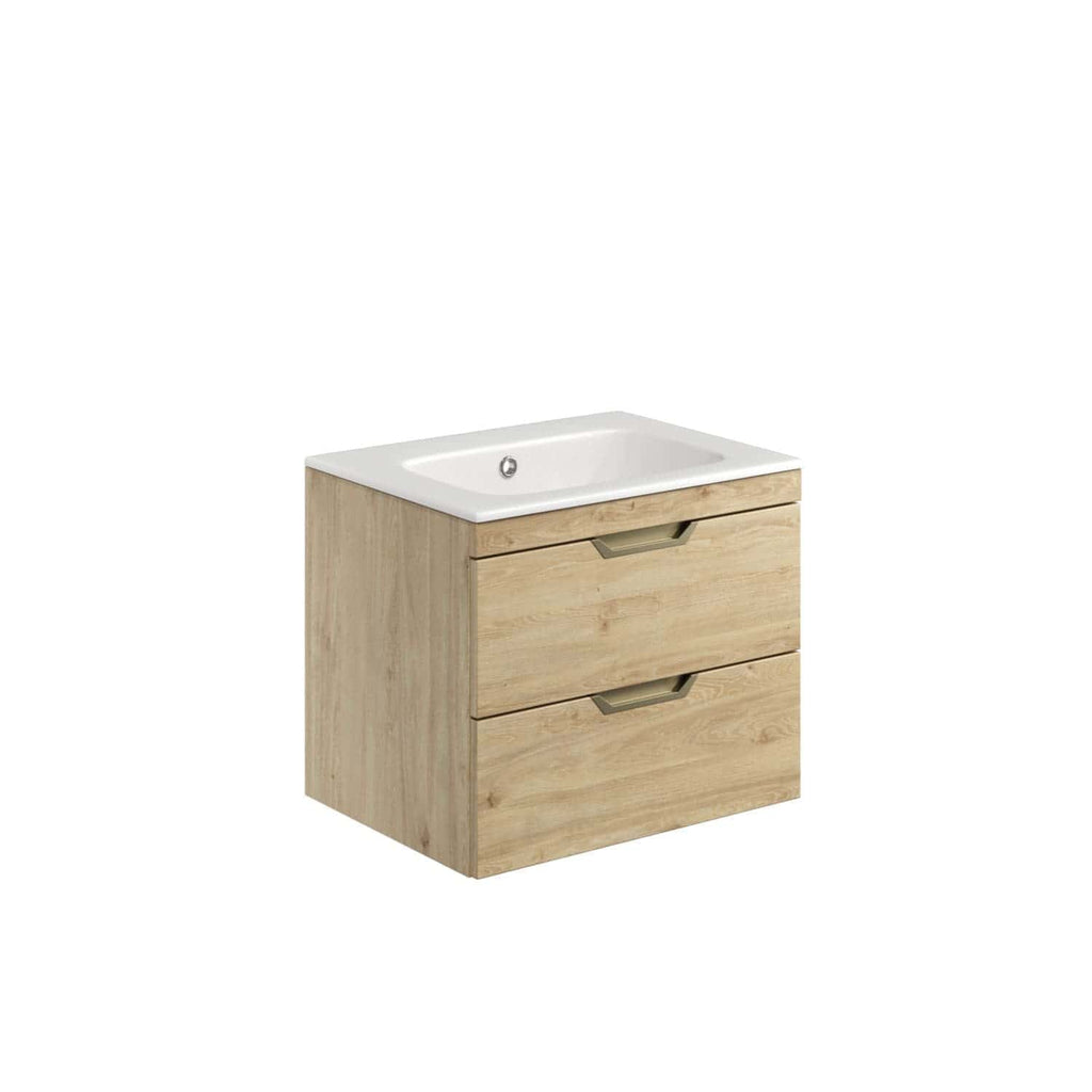 Natural wooden bathroom vanity with built-in white ceramic sink, featuring two spacious drawers, modern handles, ideal for contemporary bathroom decor and storage.