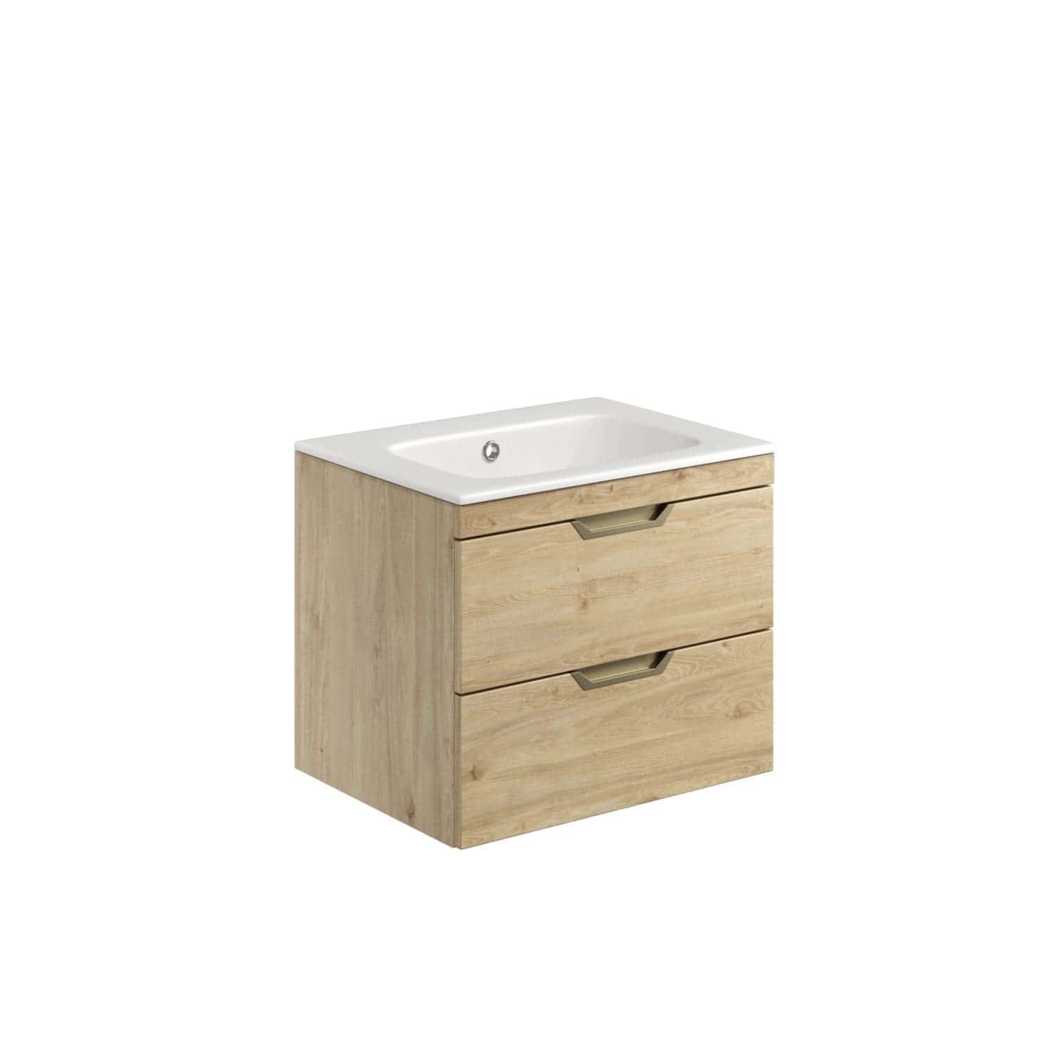 Natural wooden bathroom vanity with built-in white ceramic sink, featuring two spacious drawers, modern handles, ideal for contemporary bathroom decor and storage.