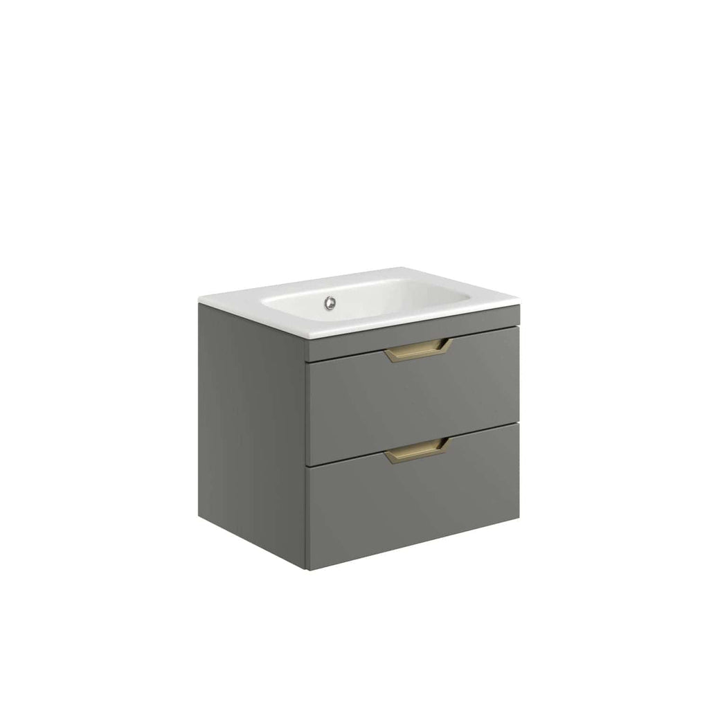 Modern grey bathroom vanity with integrated ceramic sink and sleek gold handles for contemporary bathroom design.