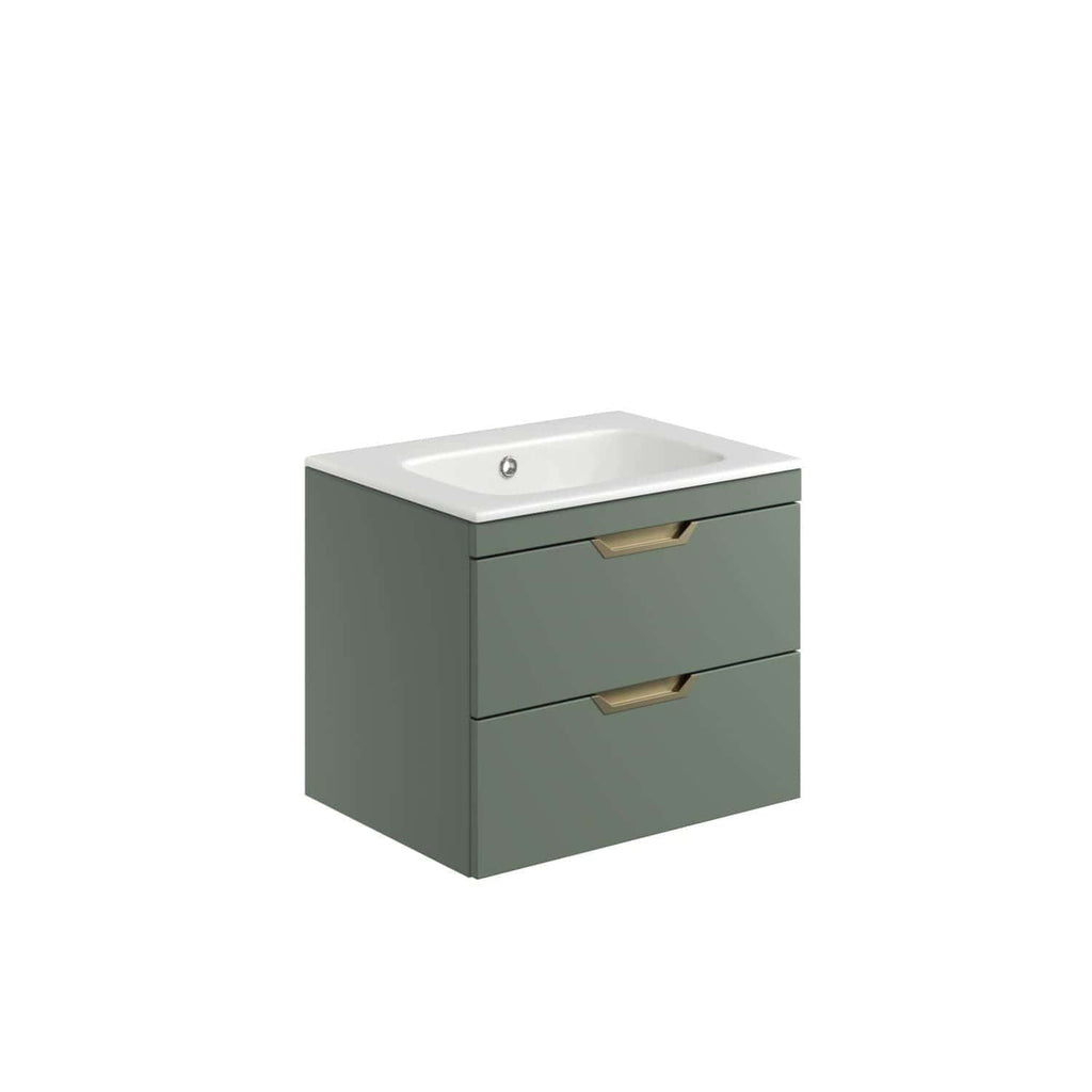 Contemporary grey bathroom vanity unit with integrated sink and stylish brass handles, ideal for modern bathrooms. Space-saving design with ample storage drawers.
