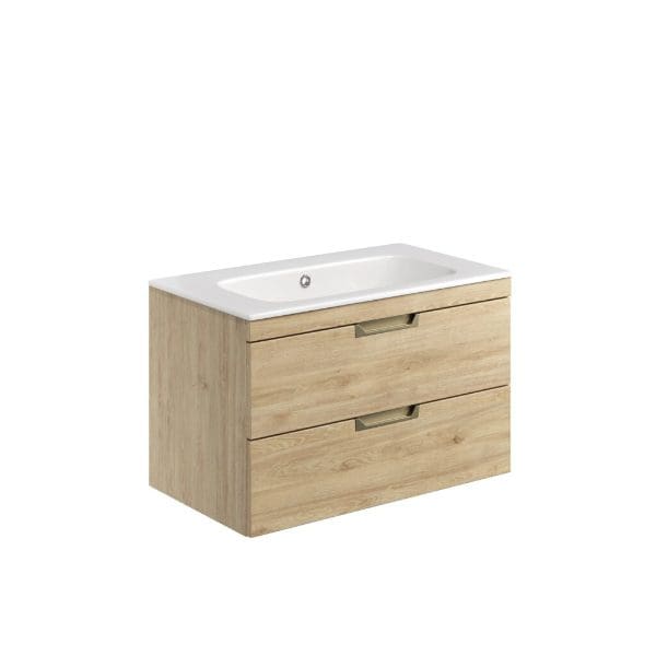 Wooden bathroom vanity with sink and two drawers, modern bathroom furniture, light oak finish, sleek handle design, perfect for contemporary bathroom decor.