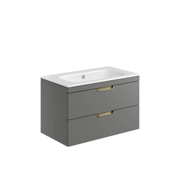 Sleek grey bathroom vanity with integrated basin and gold handles, ideal for modern bathroom aesthetics.