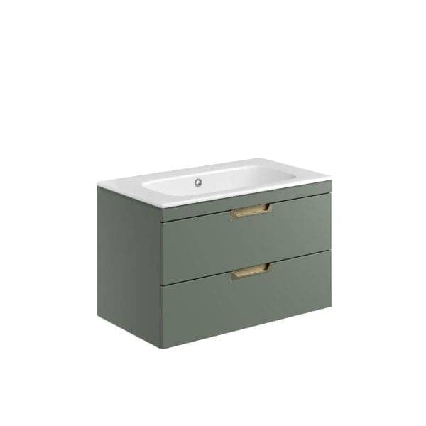 Sleek green bathroom vanity with integrated sink and modern brass handles, ideal for contemporary bathroom renovation and storage solutions.