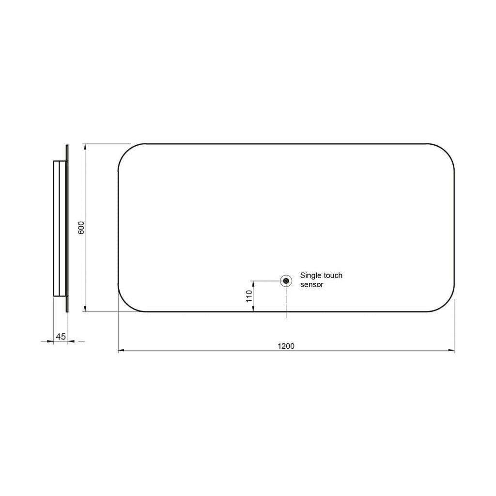 High-tech touch-activated bathroom mirror with sleek design, 1200mm wide, 600mm tall, featuring a single touch sensor for modern bathroom decor. Perfect for contemporary bathrooms.