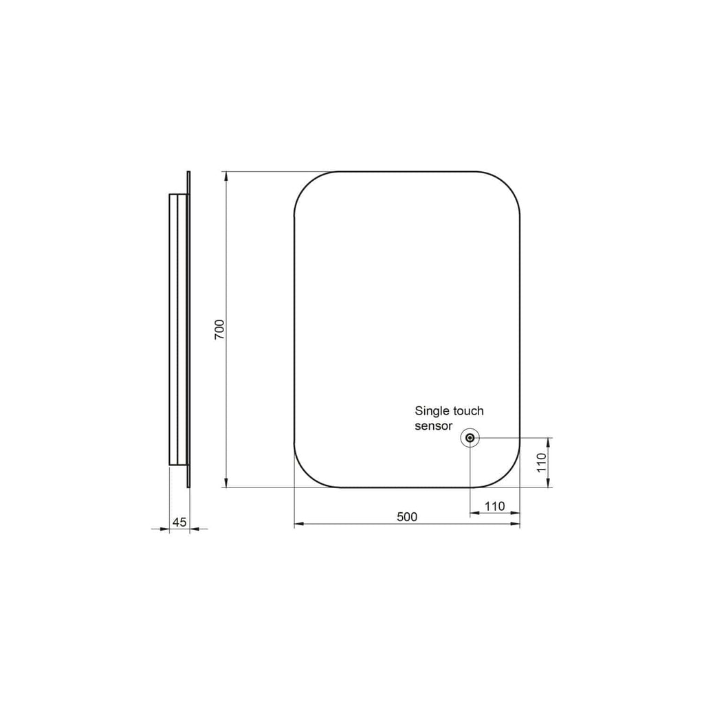 High-quality digital drawing of a bubbly bathroom sensor with dimensions, showing sleek design and single touch sensor for modern bathroom automation.