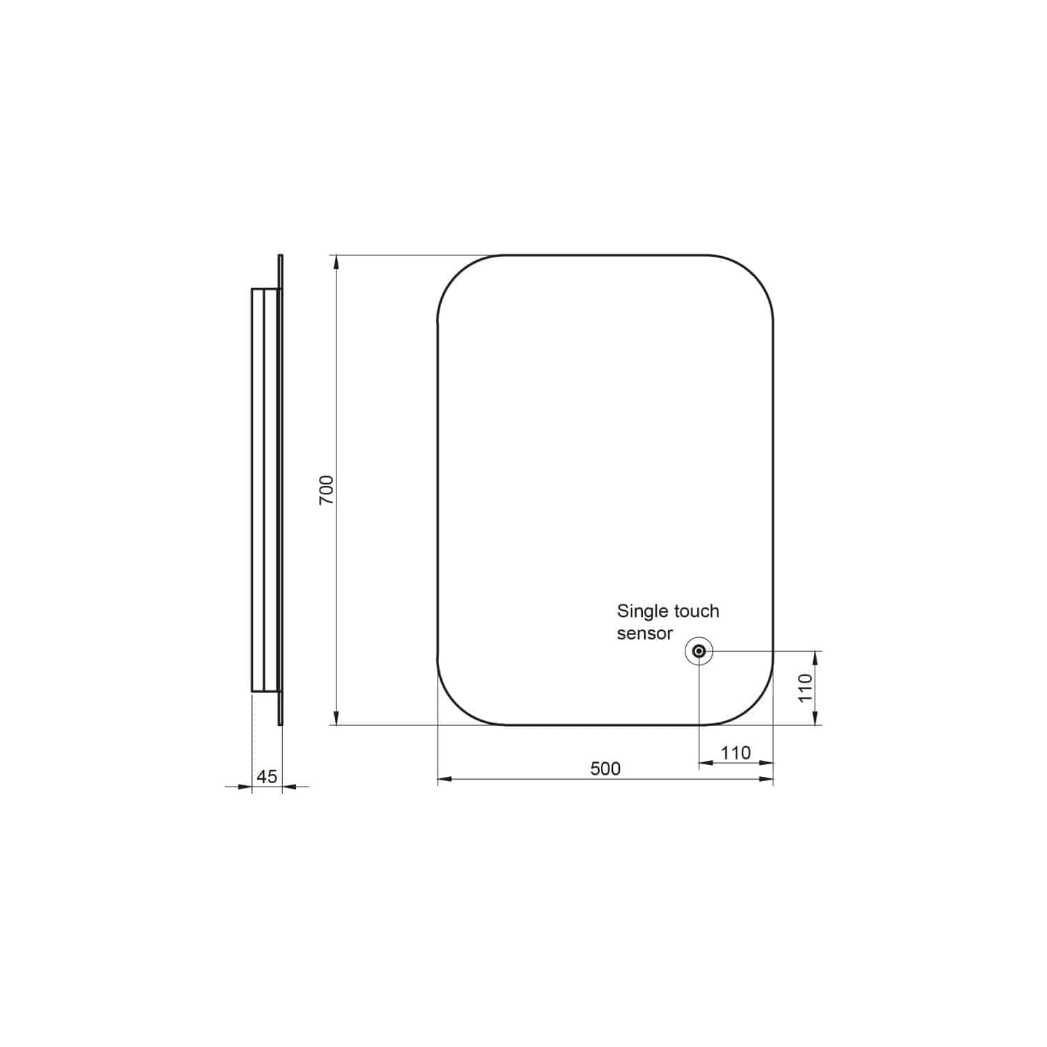 High-quality digital drawing of a bubbly bathroom sensor with dimensions, showing sleek design and single touch sensor for modern bathroom automation.